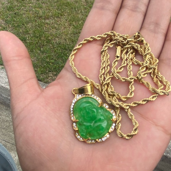 Jade Buddha Pendant Stainless Steel Chain - Picture 2 of 4